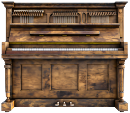 Piano with vintage wooden design, isolated retro classic musical instrument, old antique music background for concert, white keyboard style object producing sound and melody for entertainment