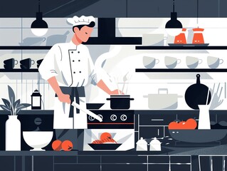 Chef in the kitchen, preparing gourmet dish, flat design illustration