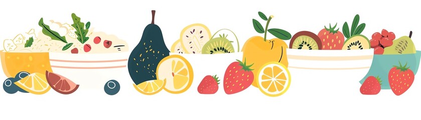 Healthy breakfast options, oatmeal and fruits, flat design illustration