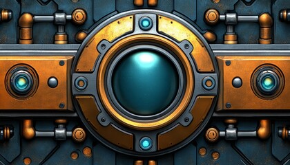 Fototapeta premium Futuristic Metal Panel with Circular Window and Pipes