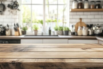 Space for product montage on wooden table top over blurred kitchen counter interior background , ai