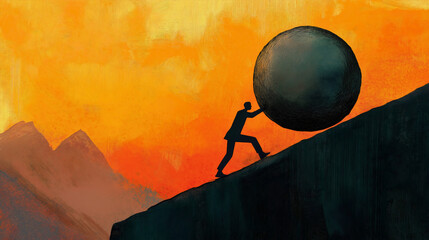 Businessman pushing uphill, facing challenge and struggle with strength, determination and effort in business, overcoming mountain obstacles and achieving goals with persistence and difficulty