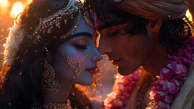 Indian Wedding Couple Close Up Portrait with Jewelry and Flowers