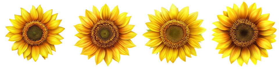 Fototapeta premium Four vibrant sunflowers in full bloom, arranged in a row against a white background. Perfect for nature enthusiasts and floral designs.