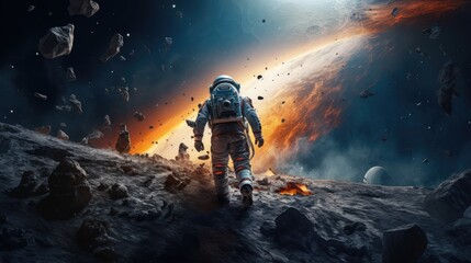 Astronaut on a Rocky Moon Base Looking up at a Large Red Planet in the Sky