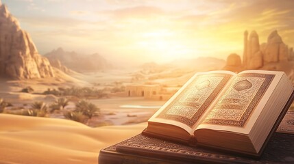 Open Quran on a Stand in a Desert Landscape at Sunset