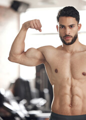 Portrait, bodybuilder and flex muscle for fitness, pride or workout results for abs with shirtless...