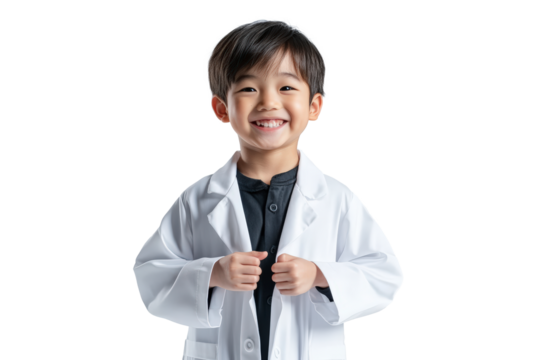 A young child wearing a white lab coat smiles confidently, perhaps imagining being a future doctor or scientist.