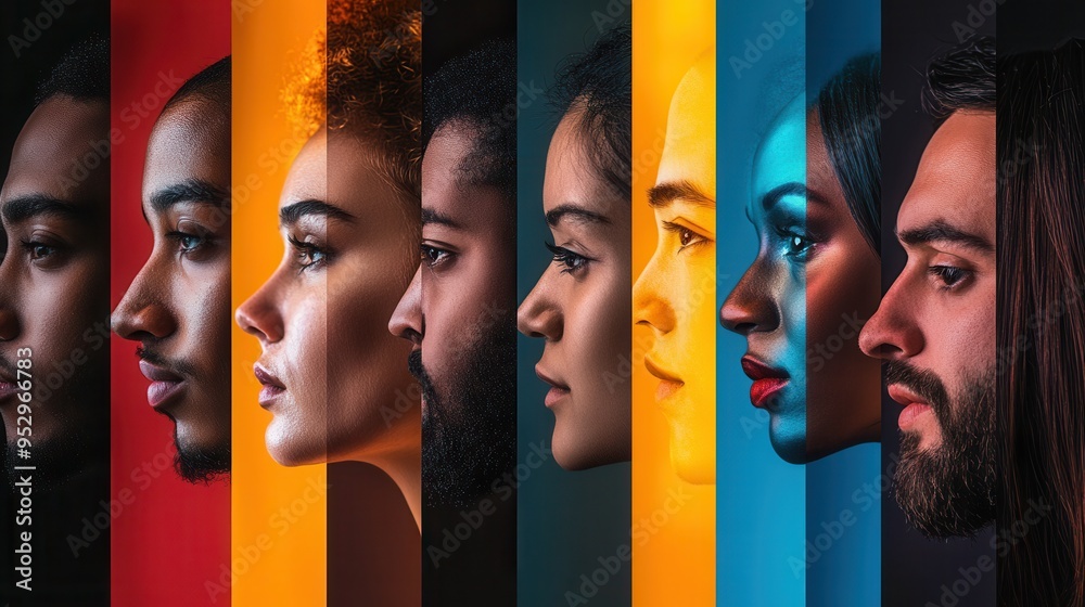 Aufkleber The faces of diverse individuals are separated by a bold barrier, showcasing striking contrasts that underline themes of division and bias. Generative AI