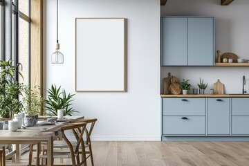 Fototapeta premium Poster Mockup in Kitchen Interior with White Wall created with Generative AI