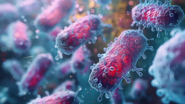 Video of blue, pink, violet bacteria with blurred background 3D rendering. For learning science, biology.