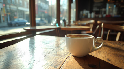 A morning sunlight streams into a cozy caf?, illuminating a steaming cup of coffee on a rustic wooden table by the window.