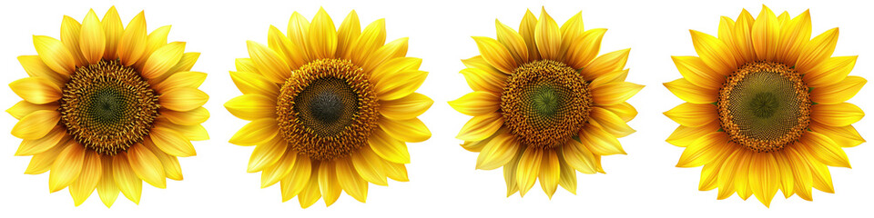 Fototapeta premium High-resolution image of four vibrant, fully-bloomed sunflowers side by side with a white background, perfect for summer-themed designs.