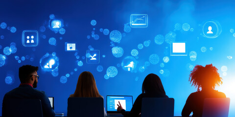 A diverse group of professionals engages with vibrant digital displays, showcasing icons representing data analytics, networking, and communication in an immersive workspace, highlighting the influenc