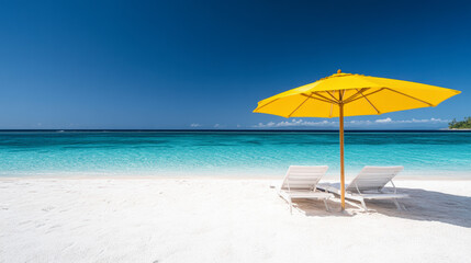 A pristine beach scene with two lounge chairs under a bright yellow umbrella, overlooking calm turquoise waters and a clear blue sky.