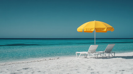 Two lounge chairs with a yellow umbrella on a tranquil, sandy beach overlooking clear, calm ocean waters.