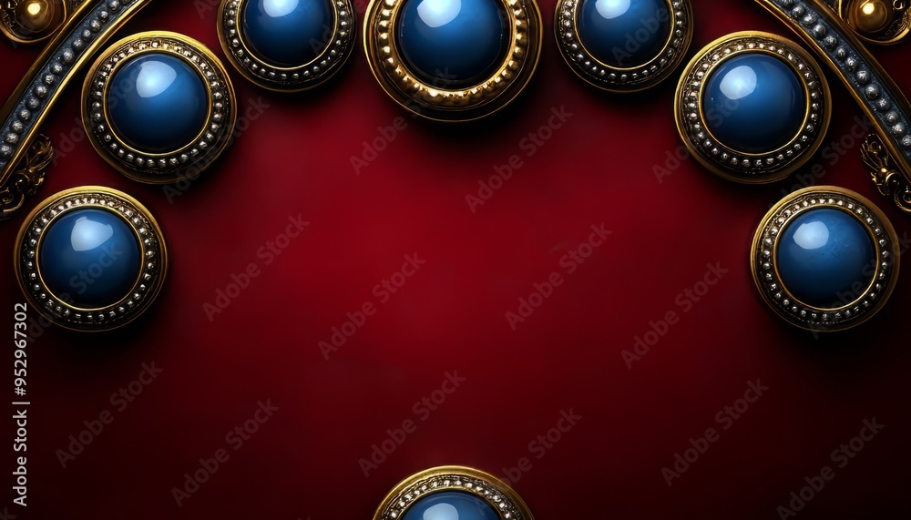 Wall mural Golden Ornamental Frame with Blue Gems on Red Background