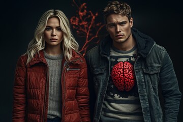 Obraz premium Man and Woman with Red Heart Symbol on Chest Representing Emotional Depth Cognitive Connection and the Interplay Between Heart and Mind in a Dramatic Setting