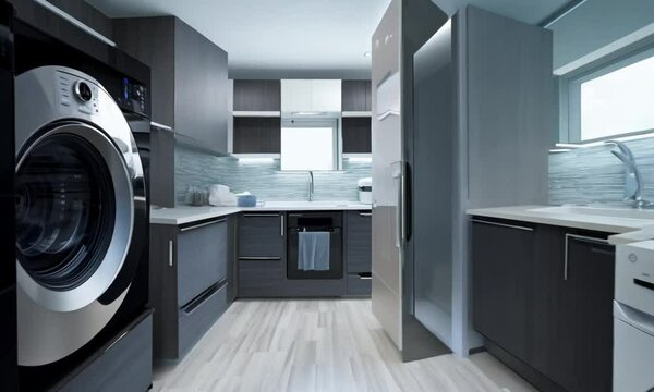 Modern kitchen design featuring sleek cabinetry and stainless steel appliances, bathed in natural light from a large window