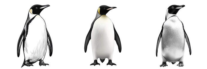 Obraz premium Three cartoon emperor penguins in a row, presenting a front, side, and back view. Isolated on a white background.