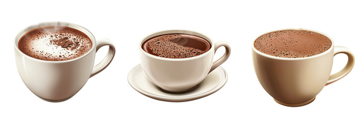 Fototapeta premium Three cups of delicious hot chocolate, each with a different topping, lined up in a row on a white background.