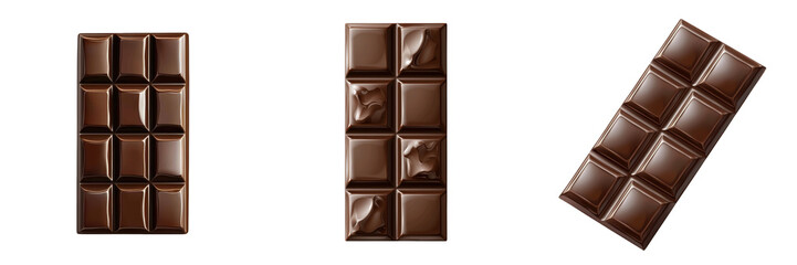 Obraz premium Three dark chocolate bars are lined up against a white background, showcasing various textures and shapes in a minimalist presentation.