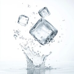 close up of Falling ice cube isolated on white background