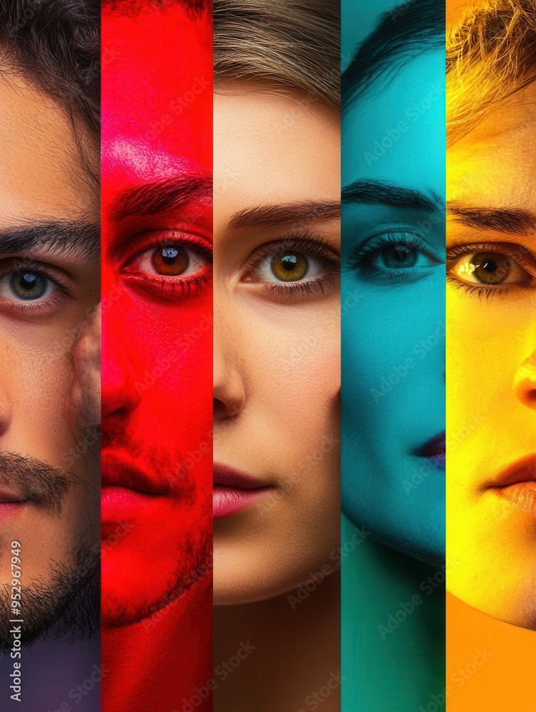 Poster Five diverse faces are separated by a barrier, showcasing vibrant colors that emphasize division while highlighting each individual’s unique traits. Generative AI