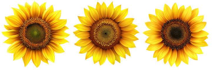Fototapeta premium Three vibrant sunflowers in full bloom, showcasing their bright yellow petals and intricate centers against a white background.