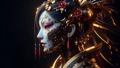 Fototapeta premium Cyberpunk Geisha with Gold and Red Accents