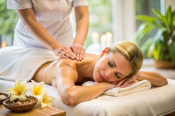 Obraz premium young beautiful woman enjoying massage in spa and wellness concept