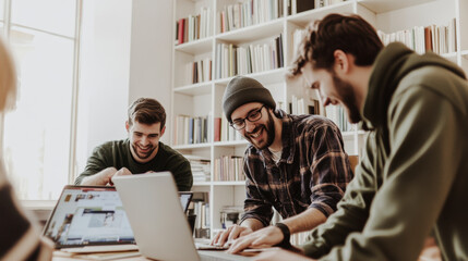 Three young adults engaged in collaborative work on laptops, sharing a light-hearted moment in a cozy, book-filled workspace.