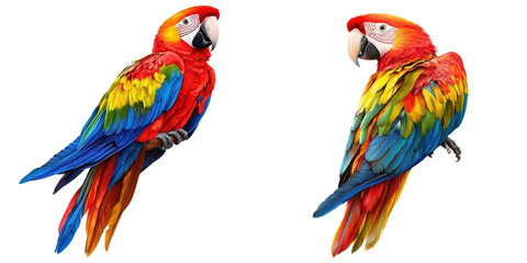 Two vibrant scarlet macaws perched opposite each other, showcasing their colorful feathers and engaging expressions against a white background.