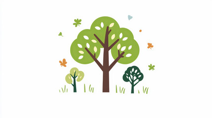 Obraz premium A simple, colorful illustration of three trees with green leaves and surrounding butterflies, symbolizing nature and the environment.