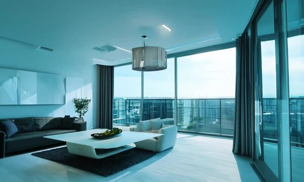 Serene Cityscape Vista: Modern living room bathed in cool tones, featuring panoramic city views 
