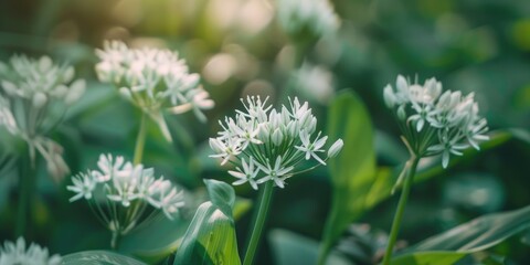 Close-up of a delicate white wild garlic flower.