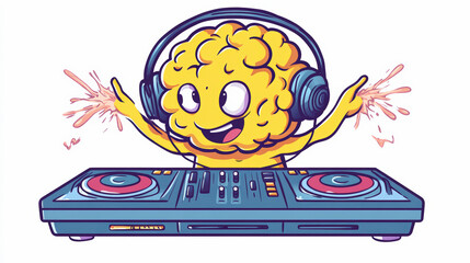 A cartoon brain wearing headphones DJs enthusiastically, with vibrant energy and musical notes surrounding it while using a turntable.