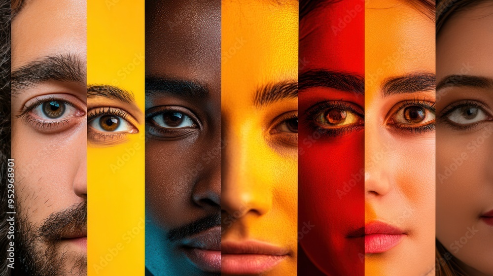 Poster faces display cultural differences and biases, separated by vibrant colors to symbolize division and
