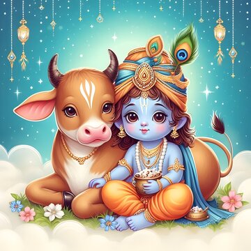 Cute Krishna Illustration with Cow and Cloud Background