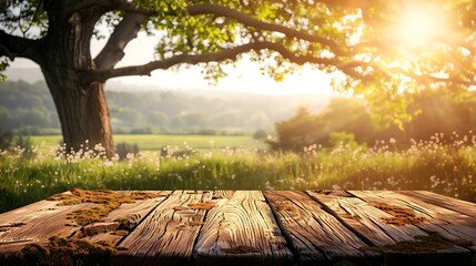 Rustic Wooden Tabletop with a Summer Meadow Background