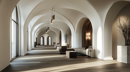 Fototapeta premium Modern Interior Design with Arched Hallway and Sunlight