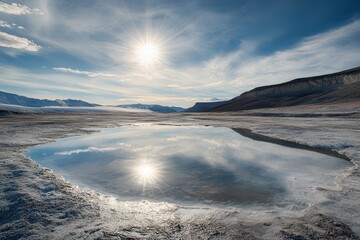 Arctic glaciers melt, creating reflective pools under the intense sun, highlighting the impact of climate change on the environment. Generative AI