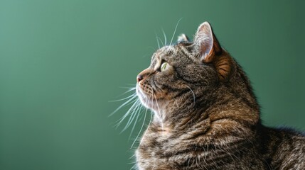Obraz premium Overweight cat looking to the side on green background. Indoor life and diabetes concept. Pet health and wellness idea.