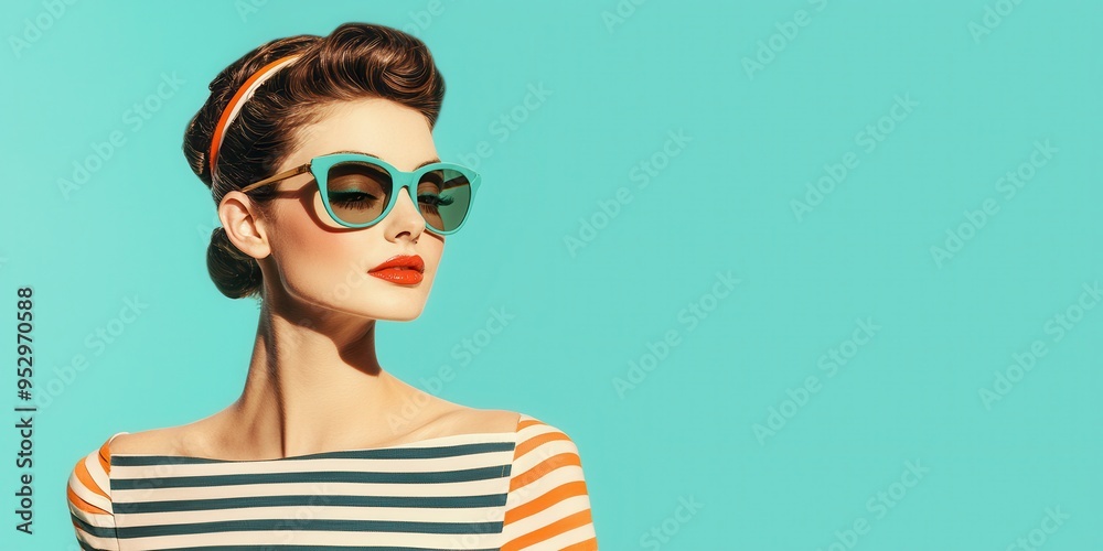 Poster Fashionable Woman in Striped Shirt with Retro Hairstyle and Sunglasses