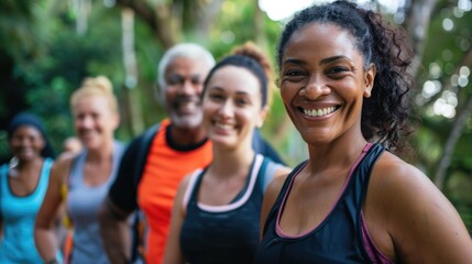 Mixed-age group of people smiling after exercising, emphasizing community health and wellness.