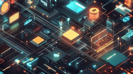 Abstract Futuristic Tech Circuit Board with Glowing Lights