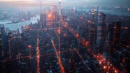 An aerial view of a futuristic city at night, with glowing red lines connecting skyscrapers.