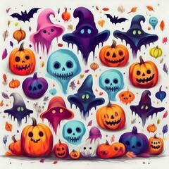Playful Halloween Characters Pattern - pattern with Halloween characters an elements - ghost, witch, pumpkin. Graphic art illustration wallpaper