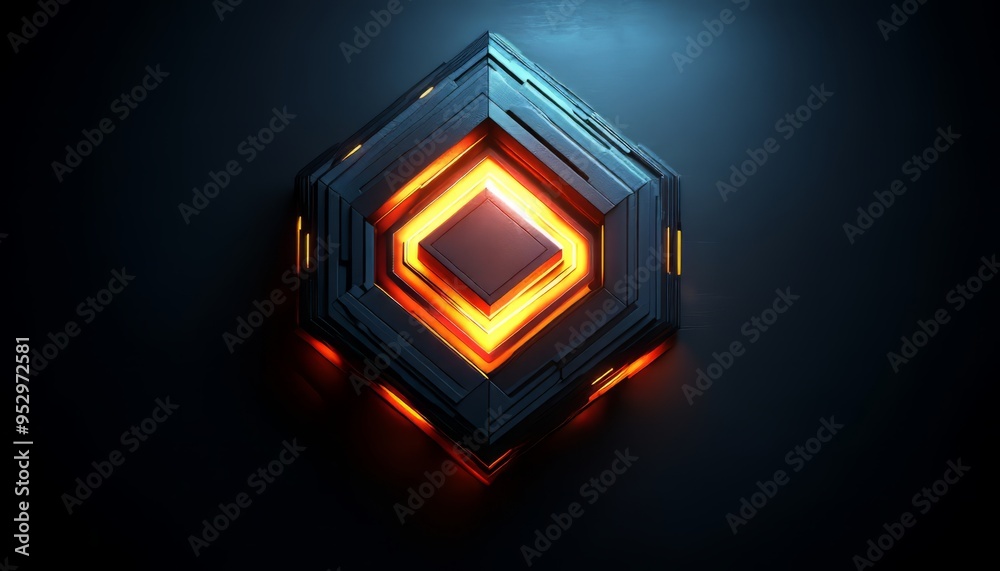 Sticker glowing hexagonal abstract shape with orange light