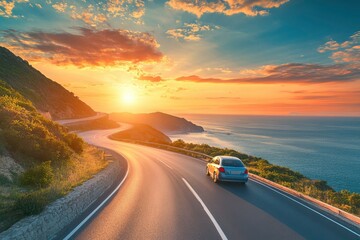 car driving on beautiful road in colorful sunset landscape in summer. Nature scenery on coastline highway. Europe travel trip in sea coast road landscape. summer vacation journey on road , ai